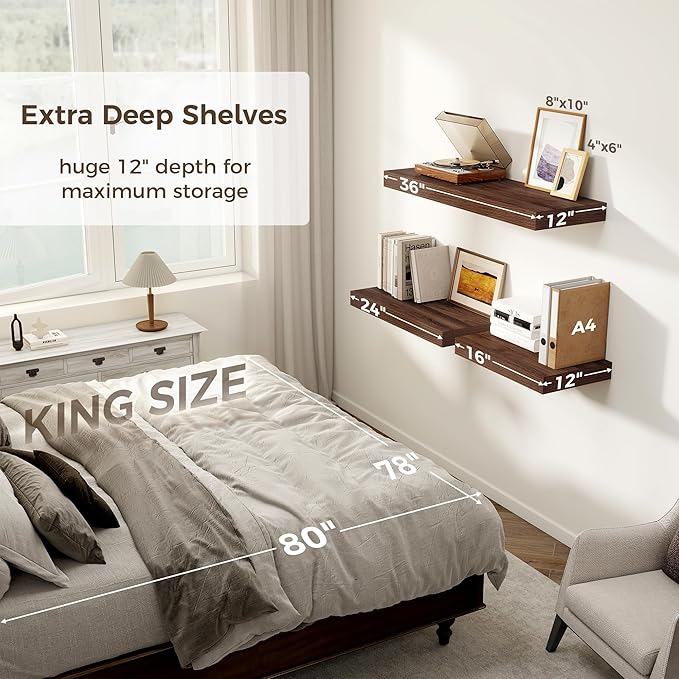 Floating Shelves 36 Inch Long, 12 Inch Deep Floating Shelves for Wall, 36 x 12 Shelves for Wall Storage & Display, 2" Thick Floating Shelf for Bathroom, Living Room, Bedroom, Walnut Color, Set of 2