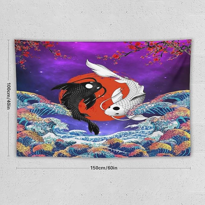 Houselerax Japanese Koi Fish Tapestry, Yin Yang Big Wave Cherry Blossom Tapestries Wall Hanging for Bedroom Living Room Office Decor 60"x40"
