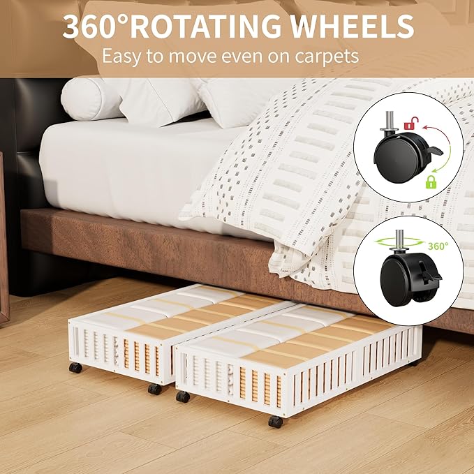 Bamboo Under Bed Storage with Wheels (2-Pack) – Rolling Underbed Shoe Organizer Box for Shoes, Blankets, Toys, Clothes Container Space-Saving Organizer Bins for Bedroom, Closet, Dorm, Nursery