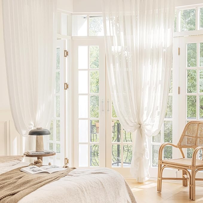 FMFUNCTEX Linen Sheer Curtains for Bedroom, Beige Curtains 84 inches Long for Living Room, Natural Flax Blend Window Draperies for Farmhouse Curtain, Rod Pocket 2 Panels
