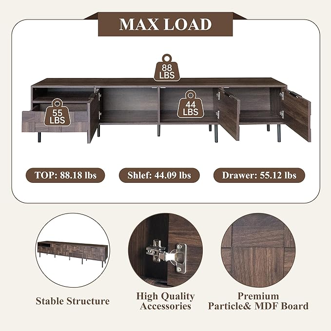 Modern TV Stand for TVs up to 85", Mid-Century Media Console with Checkered Cabinet Doors, Storage Drawers & Open Shelves, Wood Entertainment Center with Metal Legs