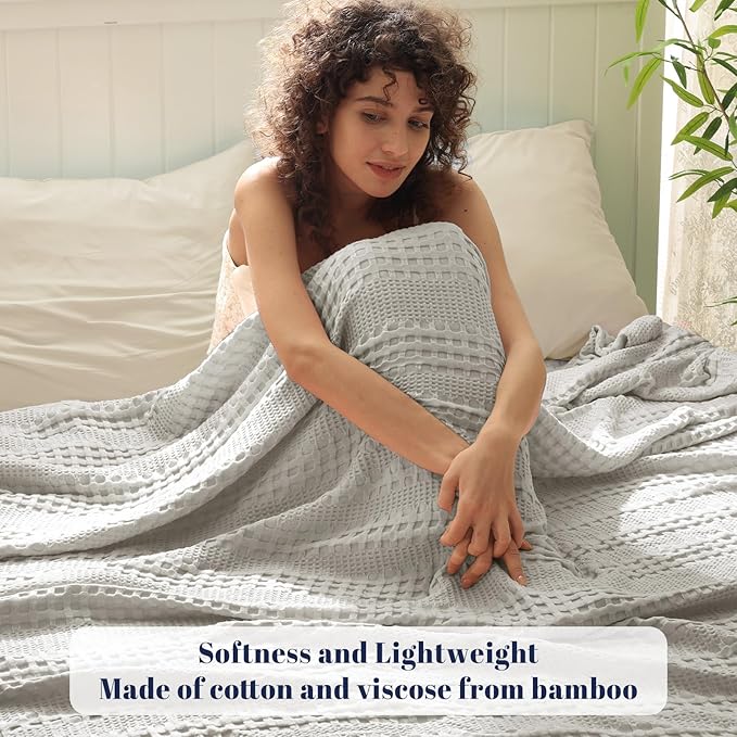 PHF Cooling Waffle Blanket King Size, Lightweight 60% Rayon Derived from Bamboo & 40% Cotton Breathable Blanket for Hot Sleepers, Soft and Luxury for Bed Couch and Sofa, 104"x90", Grey