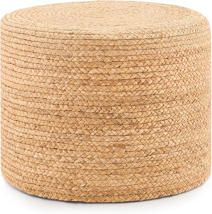 Handwoven Water Hyacinth Ottoman Pouf, Round Outdoor Footstool with Sturdy Frame, No Assembly Needed, Boho Accent Stool for Indoor & Outdoor Use – Patio, Balcony, Living Room (Natural)