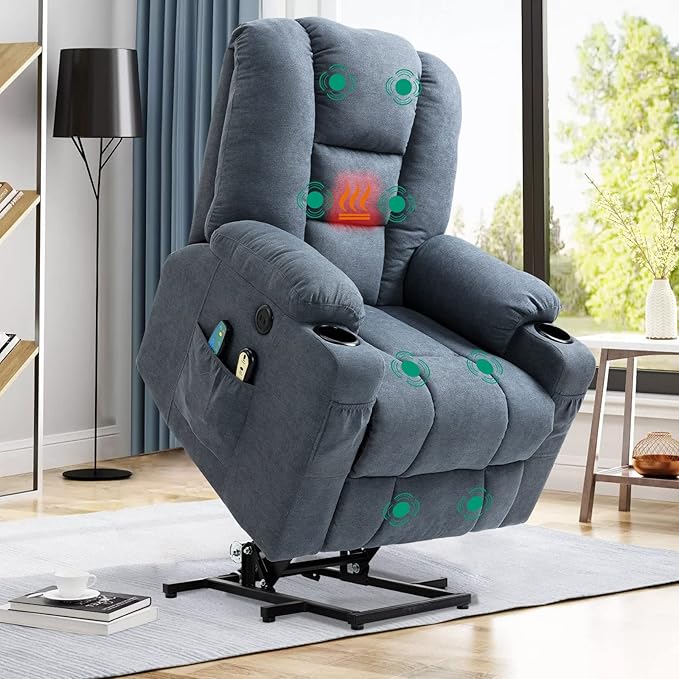 VIVIJASON Power Lift Chair Electric Recliner for Elderly Heated Vibration Massage Soft Fabric Recliner Chair with 2 Remote Controls, USB Ports, Side Pockets & Cup Holders for Living Room (Blue)