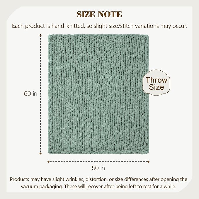 Carriediosa Chunky Knit Throw Blanket 50" X 60", 100% Hand Made Large Chenille Loop Yarn Soft Fluffy Throws for Couch Sofa Bed, Big Crochet Cozy Heavy Thick Cable Woven Blanket, Sage Green