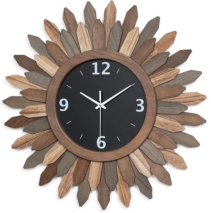 Honiway Large Wall Clock Battery Operated 21 in Rustic Wood Boho Sunburst Decorative Wall Clock Silent Non Ticking Farmhouse Wall Clocks for Living Room Bedroom Kitchen Bathroom Decor (Tricolor)
