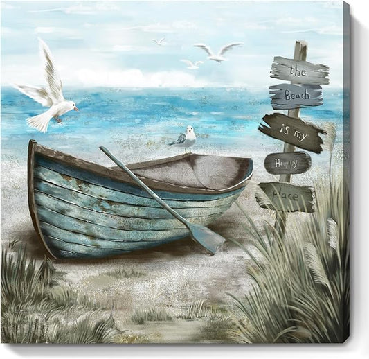 Canvas Wall Art Beach Décor Wall Picture Rustic Coastal Sand Canvas Print Ocean Nautical Painting Seascape Sea Bird Vintage Ship Boat Artwork for Seaside Living Room Bedroom Bathroom Decor Blue Large