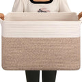 OIAHOMY 65L Blanket Basket, Cotton Rope Woven Blanket storage for Living Room, Rectangle Woven Baskets for Storage, 20''×16''×12'', Brown and White