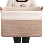 OIAHOMY 65L Blanket Basket, Cotton Rope Woven Blanket storage for Living Room, Rectangle Woven Baskets for Storage, 20''×16''×12'', Brown and White