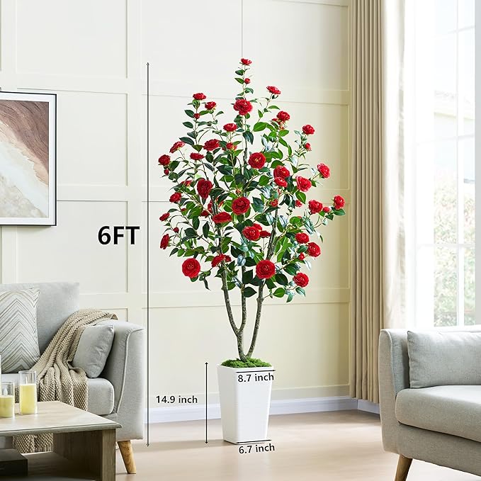 Artificial Camellia Tree 6FT Faux Trees Indoor Fake Floral Plant Blooming Tree with Red Flowers & White Tall Planter, Faux Camellia Plants for Porch Home Room Bedroom Office Front Door Outdoor Decor