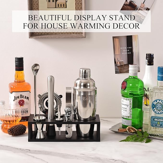 Bartender Kit Cocktail Shaker Set with Stand 17-Piece Bar Tool Bar Set for Drink Mixing Home Bartending Kit Bar Cart Accessories: Martini Shaker, Mixer Spoon, Jigger, Muddler, Strainer & Recipes Gifts
