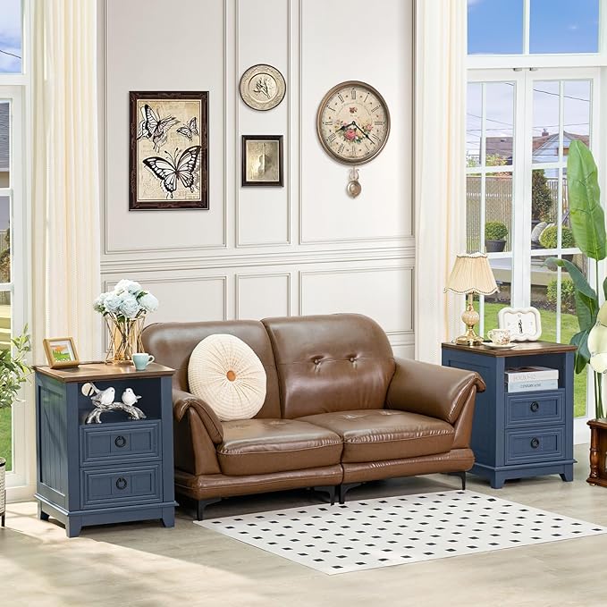 18" Farmhouse Night Stands Set of 2 with Charging Station, 2 Drawers End Table Dresser for Bedroom, Blue Wooden Nightstand, Bed Side Table with Open Shelf, Bedside Cabinet for Living Room