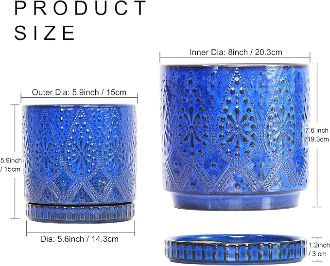 8 Inch + 6 Inch Indoor Plant Pot with Drainage Holes and Saucers, Ceramic Planter for Plants Succulent Orchid Flower Pots