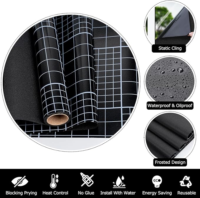 HIDBEA Blackout Window Film,100% Light Blocking Room Darkening Window Privacy Film,Frosted Glass Window Film Heat Control, Removable Window Cover Tint for Day Sleep (Black,23.6in x 6.5ft)