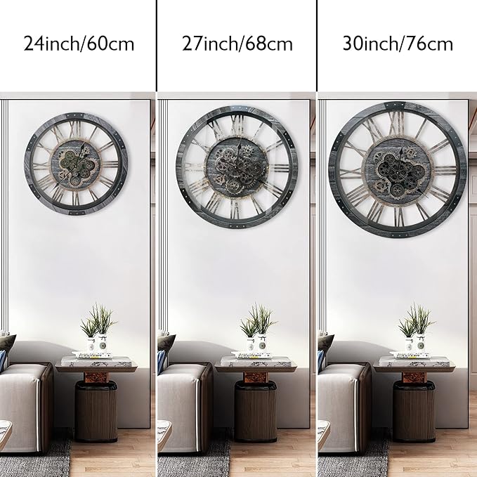 DORBOKER 24" Large Wall Clock with Moving Gears,Oversize Vintage Industrial Rustic Farmhouse Clocks for Living Room Decor Office Home,Solid Wood HD Tempered Glass Cover,Carbon Grey