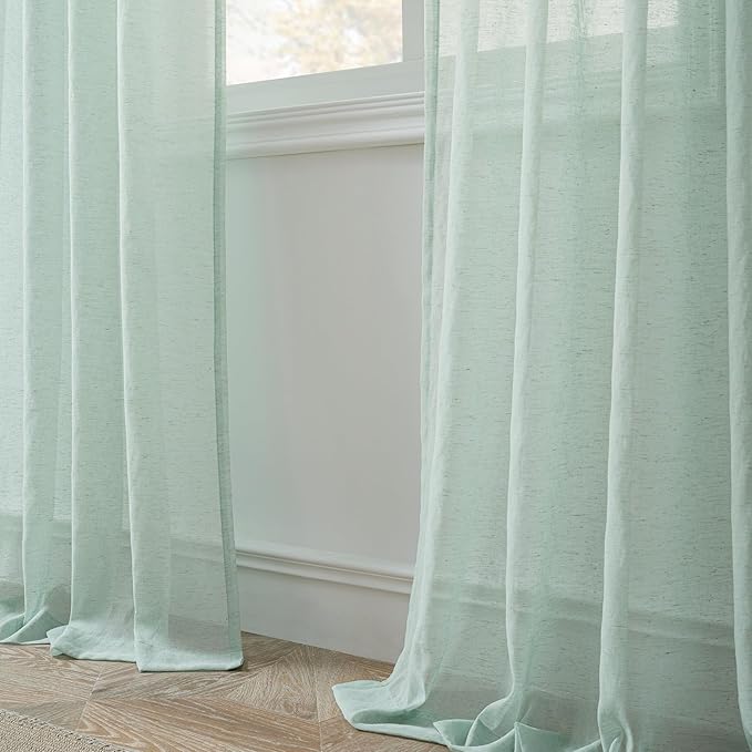 FMFUNCTEX Linen Sheer Curtains for Bedroom, Sage Green Curtains 96 inches Long for Living Room, Farmhouse French Flax Blend Window Draperies, Rod Pocket 2 Panels Set