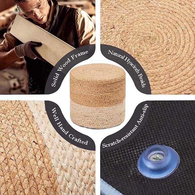 Wimarsbon 18'' Pouf Ottoman, Natural Braided Poof, Round Poufs, Rustic Handweave Lounge Pouffe, Boho Footrest Stool for Bedroom, Accent Table or Seat for Patio, Living Room