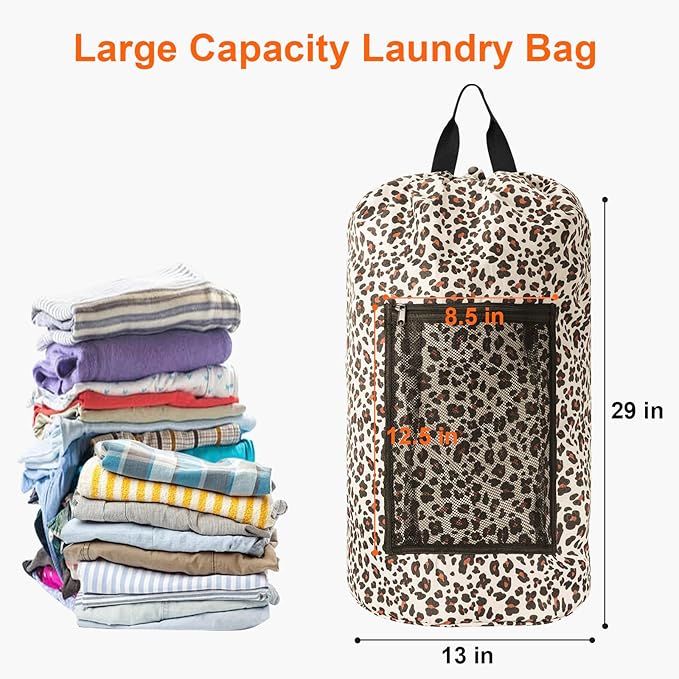 Laundry Bag Backpack Durable Laundry Bag with Shoulder Straps and Mesh Pockets Portable Laundry Dirty Clothes Hamper Bag for College Dorm (Leopard Print)