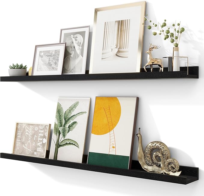 Solid Ash Wood Floating Shelves, Wood Picture Ledge Shelf Set of 2, 48 Inch Long Large Photo Ledge Shelves, Nursery Book Shelves Wall Mounted for Living Room Kids' Bedroom Decor, Black