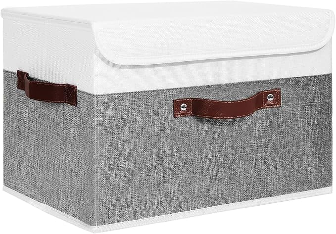 ANMINY Storage Boxes with Lids Washable Decorative Storage Bins Basket with PU Leather Handle Foldable Linen Fabric Storage Cubes Containers for Home Closet Organizer - Gray White, Large Size
