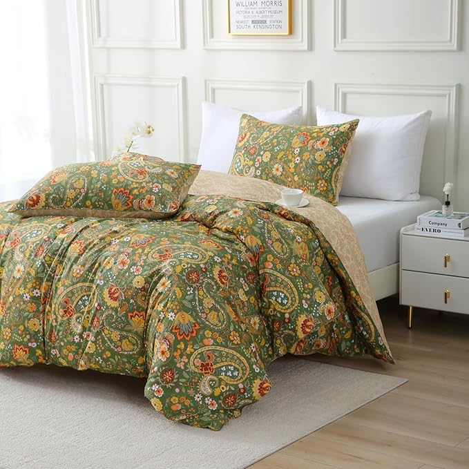ABREEZE Paisley Bedding Sets 3Pcs Brushed Cotton Duvet Cover Set Queen Size Rustic Damask Green Floral Comforter Cover with Zipper Closure Boho Bedding Collections