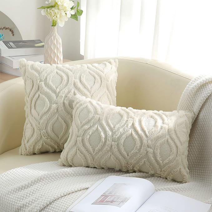 decorUhome Fall Throw Pillow Covers 12x20 Inch Set of 2, Soft Plush Decorative Faux Fur Beige Solid Couch Pillow Covers, Accent Farmhouse Neutral Lumbar Euro Pillow Cases for Sofa Bed Living Room