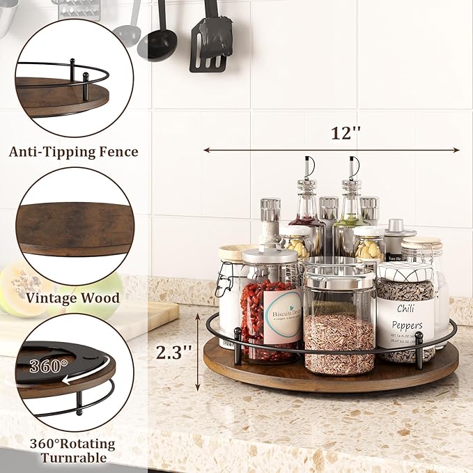 12" Lazy Susan Turntable Organizer,Round Wooden Lazy Susan Organization and Rotating Spice Rack for Dining Table,Pantry,Kitchen Countertop,Vanity,Cupboard and More.Vintage Wood(Round)