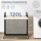 STO STO Laundry Hamper 3 Section, 120L Rolling Laundry Sorter Cart with Removable and Washable Liner Bag, Rolling Clothes Hamper with Metal Handle for Laundry Room and Bedroom