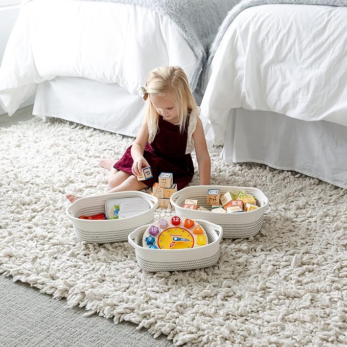 NaturalCozy 5-Piece Rectangle Storage Basket Set- Natural Cotton Rope Woven Baskets for Organizing! Small Basket for Montessori, Baby Nursery, Dog Toy Baskets, Cat Toy Box, Bathroom Organization Bin