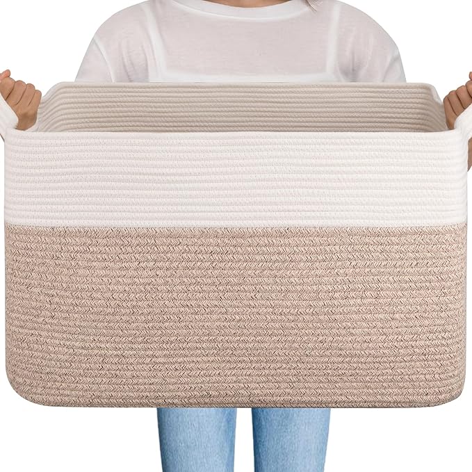 OIAHOMY 95L Blanket Basket, 24”x17”x14”, Large Woven Basket for Storage, Nursery Cotton Rope Basket with Handle, Living Room, Nursery, Bedroom,Toy Storage Organizer Bins, Brown and White
