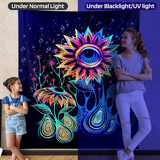 ADDWel Blacklight Sunflower Tapestry, Hippie Eye Tapestry Glow In The Dark, UV Reactive Black Light Upright Posters Wall Hanging for Bedroom Dorm Living Room Backdrop Decor