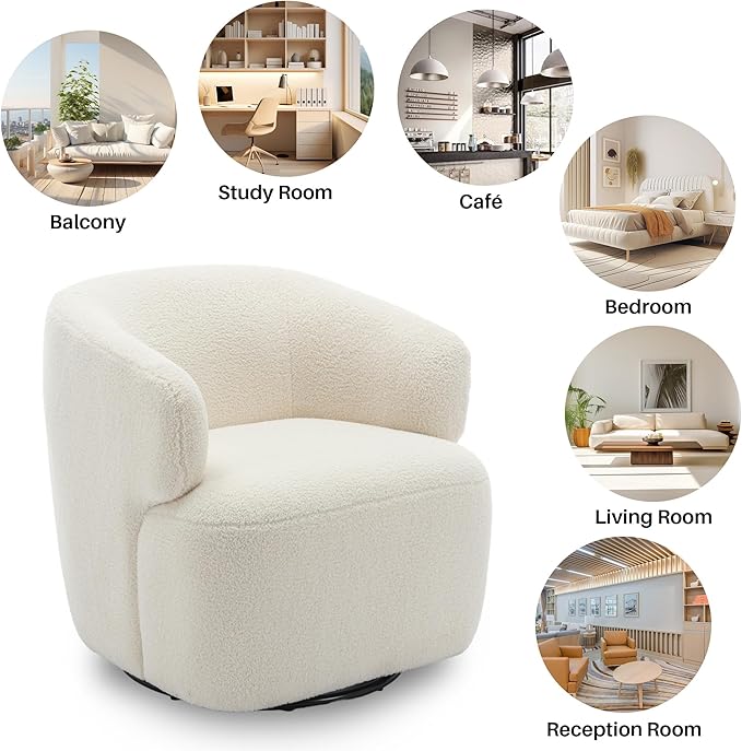 Swivel Accent Chair, Sherpa Teddy Barrel Chair for Living Room, Cozy Round Boucle Arm Chair, Metal Base for Club Nursery Bedroom, Beige Cream White