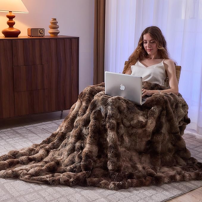 Lotus Karen Faux Fur Throw Blanket Tie-Dye Dark Coffee - Big Bubble Rabbit Fluff Blanket for Couch,Small Fluffy Fuzzy Cozy Blanket,Thick Furry Plush Shaggy Blankets,60x80 Inches