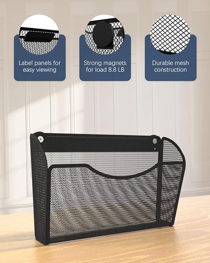 1-Tier Magnetic File Holder - No Drilling Installation File Organizer, Large Capacity Magnetic File Holder for Refrigerator, File Cabinets, Whiteboard, Office, Kitchen