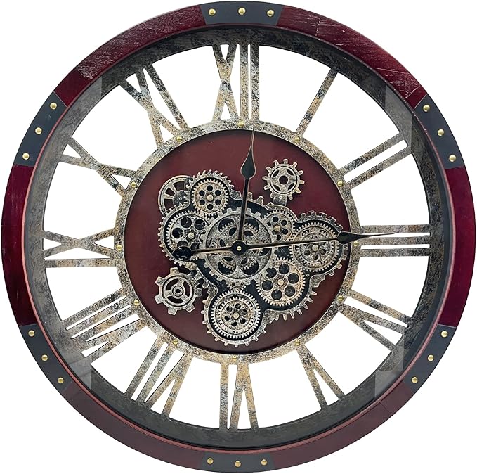 DORBOKER 30" Original Moving Gears Wall Clock, Large Industrial Wall Clock for Living Room Decor, Retro Wood Vintage Farmhouse Steampunk Rustic Clocks for Wall Decor,Cherry Red