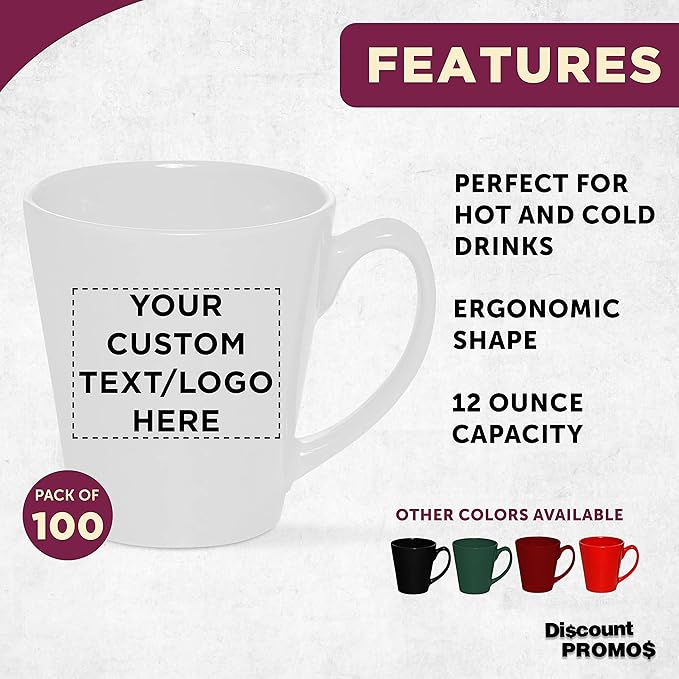 DISCOUNT PROMOS Custom Glossy Ceramic Latte Coffee Mug 12 oz. Set of 100, Personalized Bulk Pack - Perfect for Tea, Espresso, Cappuccino, Hot Cocoa - White