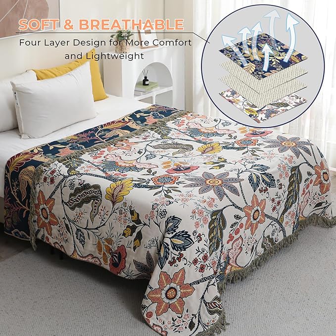 Boho Cotton Throw Blanket - Ultra-Soft Rustic Quilt for Bed, Home Decor & Travel - Large 60"x80" Muslin Blanket - All-Season Lightweight Bedspread & Throw for Women & Moms