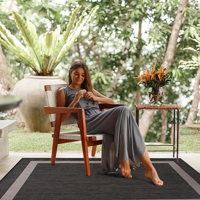 CAMILSON Outdoor Rug 6x9,Modern Outside Rugs for Patios Porches Waterproof Durable Washable Non-Shedding, Easy-to-Clean Indoor Outdoor Area Carpet (6 x 9, Bordered - Dark Gray/Light Gray)