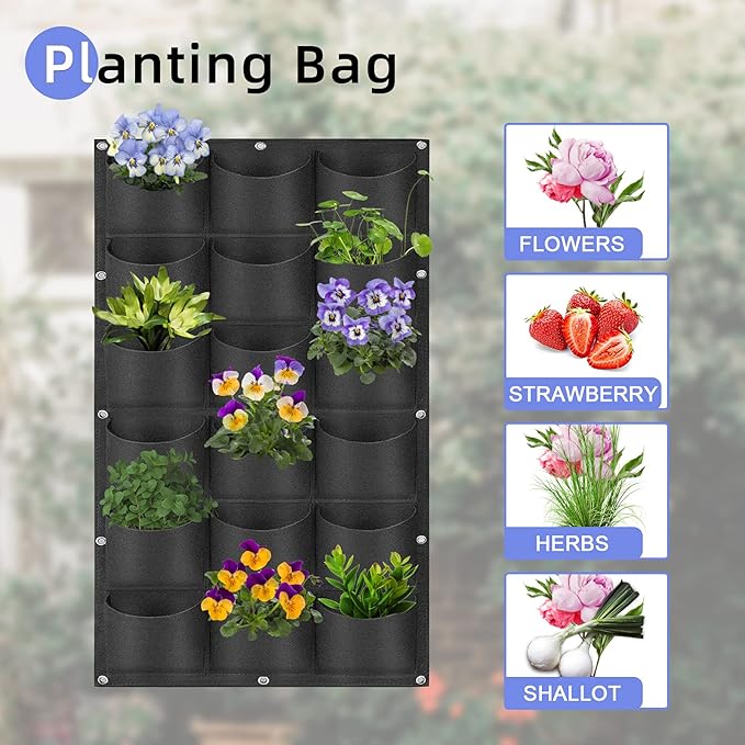 18 Pockets Hanging Planter Bags, Hanging Vertical Wall Mounted Plant Planting Grow Bags, Herb Garden Planter Outdoor Indoor Growing Bag, Gardening Vertical Greening Flower Container(1m×0.5m, Black)