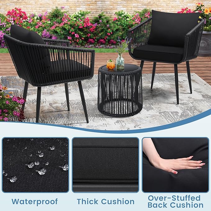 Kromax 3 Pieces Patio Rattan Bistro Conversation Set, Outdoor All-Weather Wicker Furniture Chairs and Side Table Set Ideal for Balcony, Porch and Backyard, Black