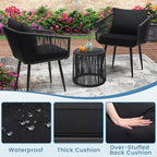 Kromax 3 Pieces Patio Rattan Bistro Conversation Set, Outdoor All-Weather Wicker Furniture Chairs and Side Table Set Ideal for Balcony, Porch and Backyard, Black