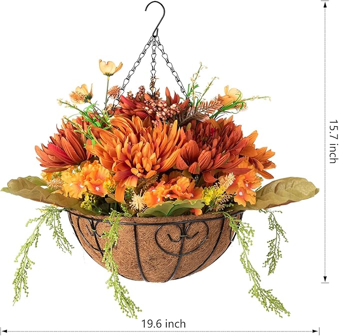Artificial Fake Hanging Mums Flowers Plants Baskets for Outdoor Outside Decoration, Faux Silk Orange Flower Chrysanthemum UV Resistant Realistic for Porch Patio Balcony Yard Decor