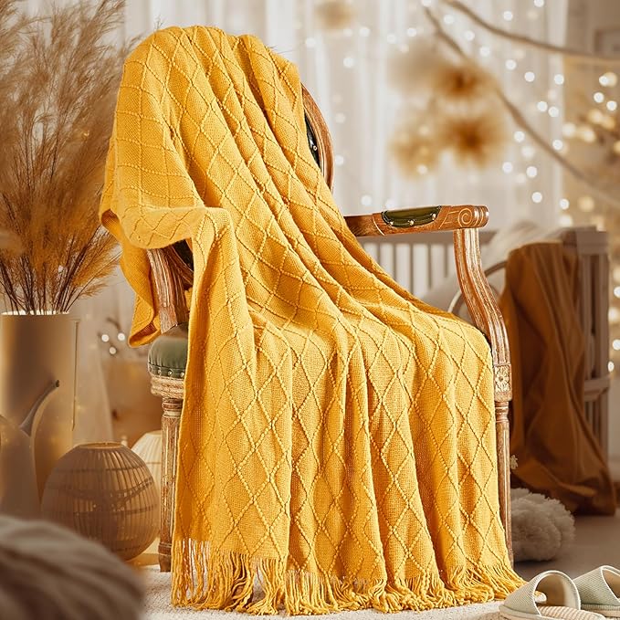 inhand Knitted Fall Throw Blanket for Couch and Bed, Knit Fall Decor Halloween Blanket with Tassel, Mustard Yellow Lightweight Decorative Farmhouse Warm Woven Blankets and Throws for Women, 50"x60"