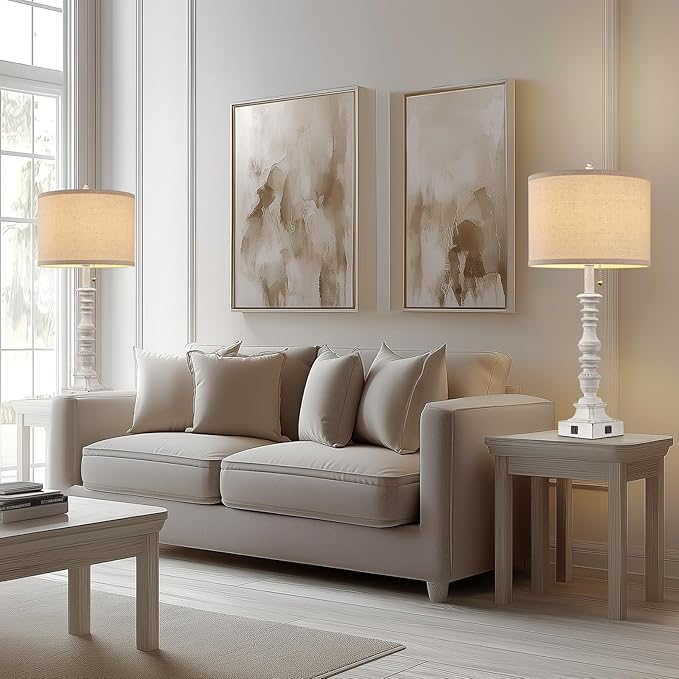 Farmhouse Table Lamps for Bedroom Set of 2, 29.5" Tall Rustic Bedside Lamp with USB Ports and AC Outlet, Vintage Nightstand Table Lamp for Living Room with Linen Drum Shade, White, Pull Chain