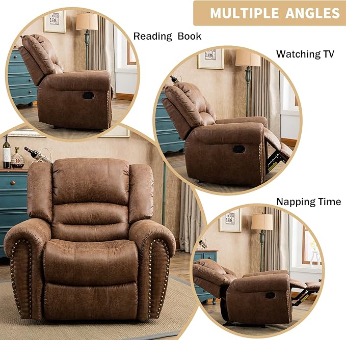 CANMOV Leather Recliner Chair, Classic and Traditional Manual Recliner Chair with Comfortable Arms and Back Single Sofa for Living Room, Nut Brown