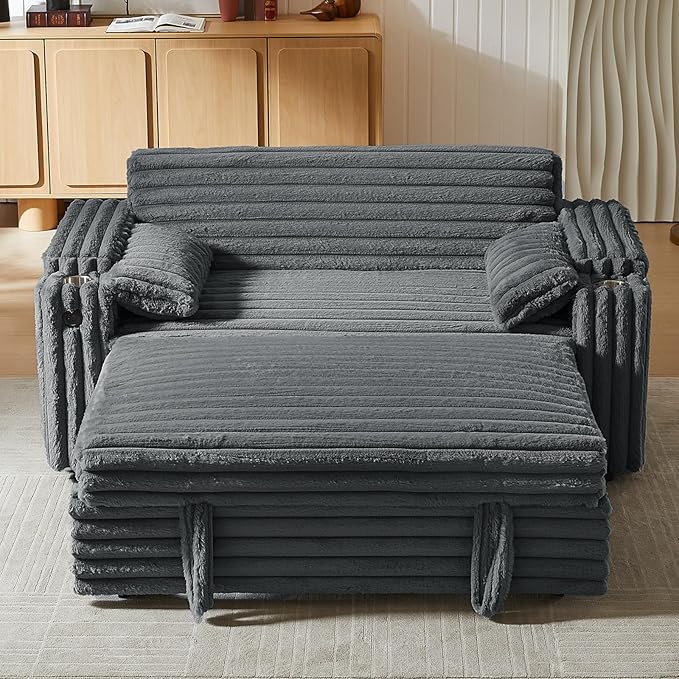 68.11" Corduroy Convertible Sofa Bed with USB Charging Port, Foldable Sleeper Chair with Pillows & Armrests, 3-in-1 Floor Couch for Living Room, Bedroom, Guest Room – Dark Gray