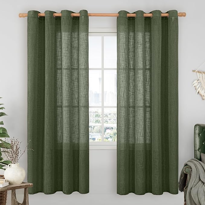 LAMIT Olive Green Linen Sheer Curtains 78 inch for Living Room, Soft Thick Bronze Grommet Light Filtering Boho Window Textured Neutral Christmas Decor Drapes for Bedroom, 2 Panels Set, 52 x 78 Inch
