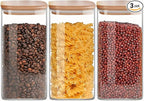 Square Glass Jars Canister with Wood Lid 50 FL OZ [Set of 3], Container Jar with Sealing, Lids for Oat Pasta Flour Cereal Rice Sugar Tea Coffee Beans, Best for Kitchen & Pantry