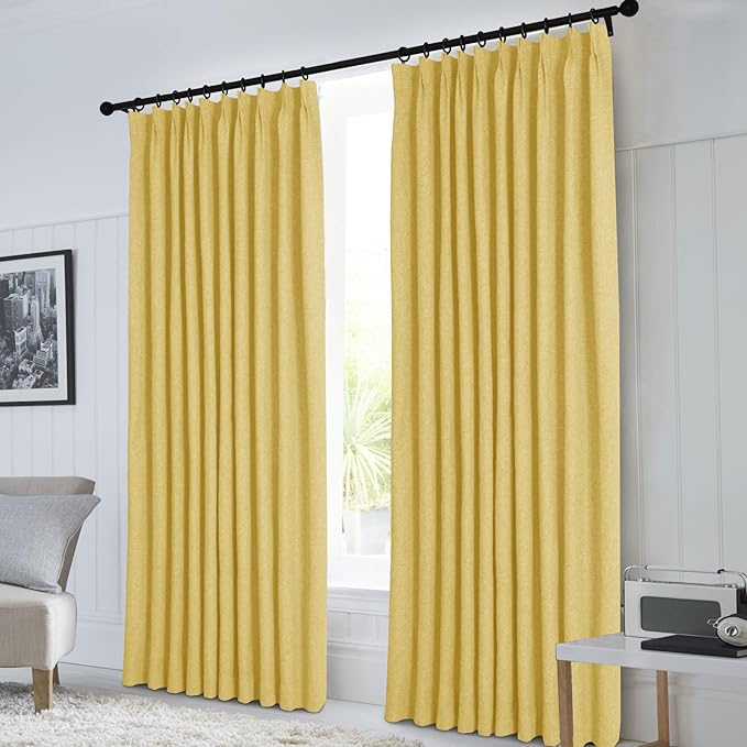 Macochico 100% Blackout Pinch Pleated Linen Curtains Thermal Window Treatments Sound Reducing Curtains for Bedroom Living Room Yellow Farmhouse Burlap Drapes with Tieback 52”Wx63”L 1 Panel