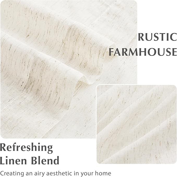 FMFUNCTEX Linen Sheer Pinch Pleated Curtains for Living Room, Linen Flax Beige 84 Inches Long Sheer Curtain See Through Panels for Bedroom, Natural Window Drapes for Farmhouse, Rod Pocket 2 Panels